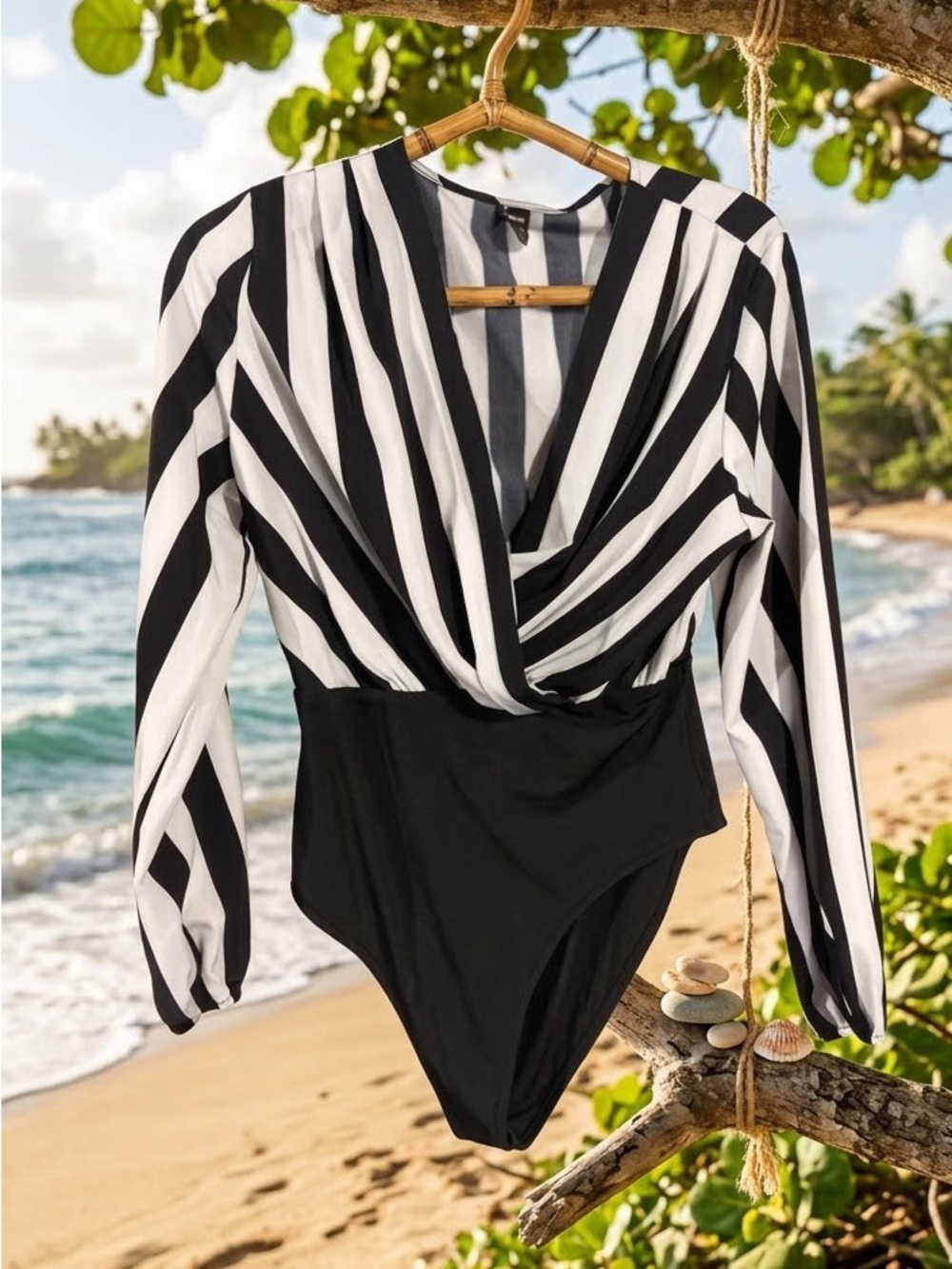 SHEIN Black & White Striped Wrap-Front Long Sleeve Bodysuit
